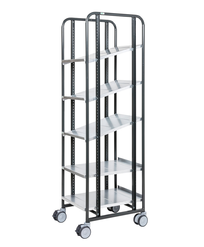 Kongamek tiered trolley, powder coated grey, 5 flex shelves, 477 x 638 x 1850 mm, 4 swivel castors - 1