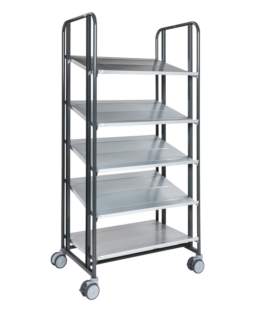 Kongamek tiered trolley, powder coated grey, 5 flex shelves, 877 x 638 x 1850 mm, 4 swivel castors - 1