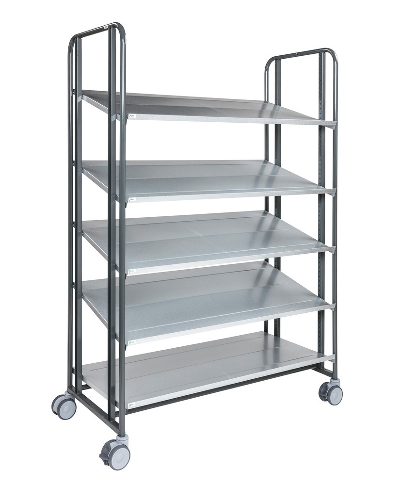 Kongamek tiered trolley, powder coated grey, 5 flex shelves, 1277 x 638 x 1850 mm, 4 swivel castors - 1