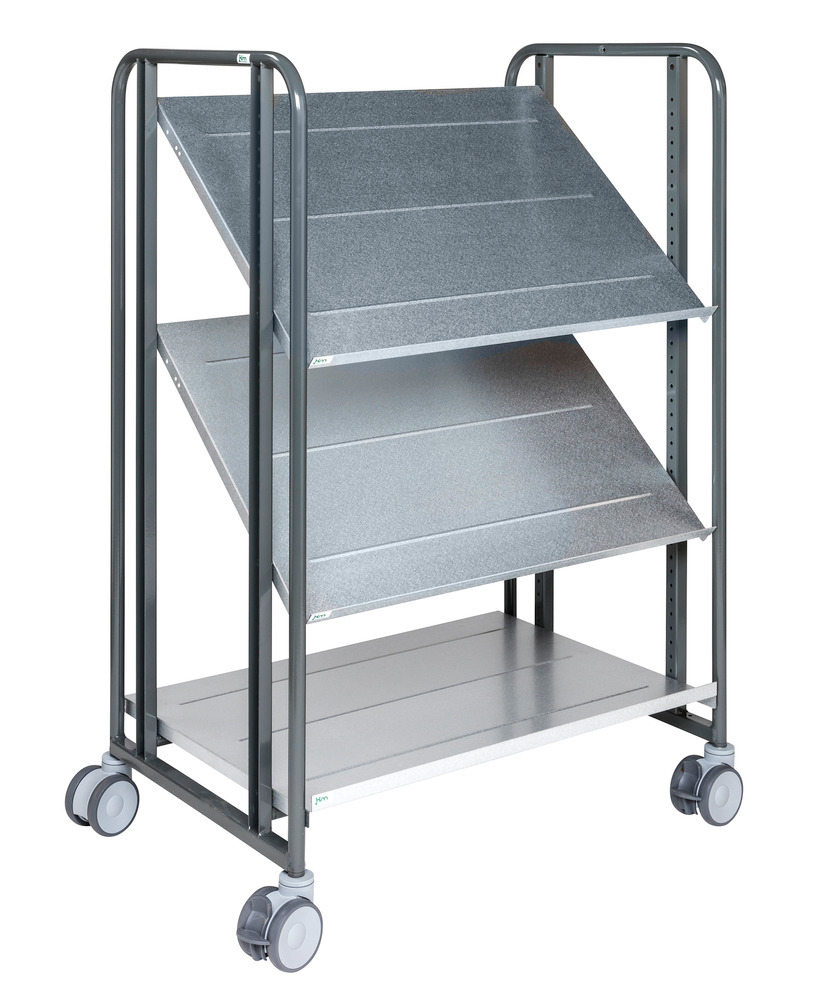 Carro con estantes Kongamek, lacado polvo gris, 3 estantes flexibles, 877 x 638 x 1300mm, 4 ruedas - 1