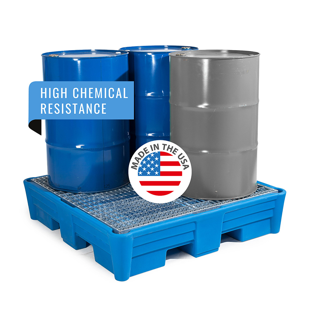 Spill Pallet, 4 Drum Spill Containment, Galvanized grating, For Acids