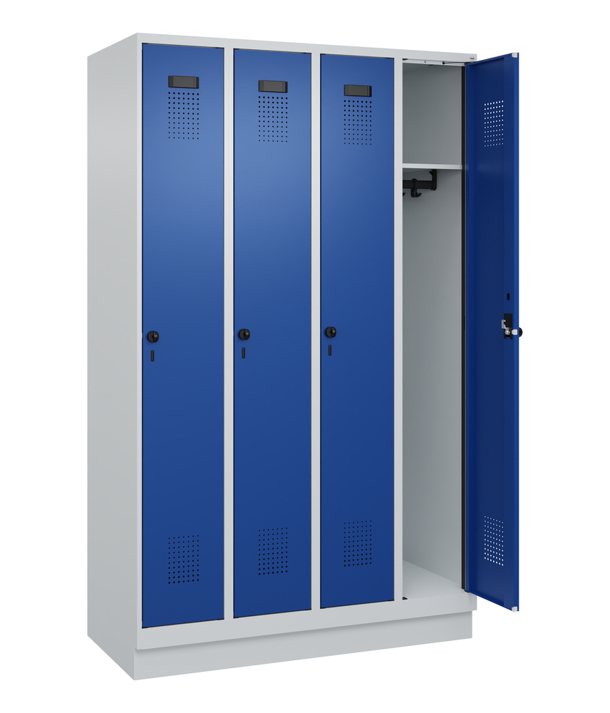 C+P Cabo-Plus clothes locker, 4 compartments, 1200 x 500 x 1950 mm, grey/blue, with plinth - 1