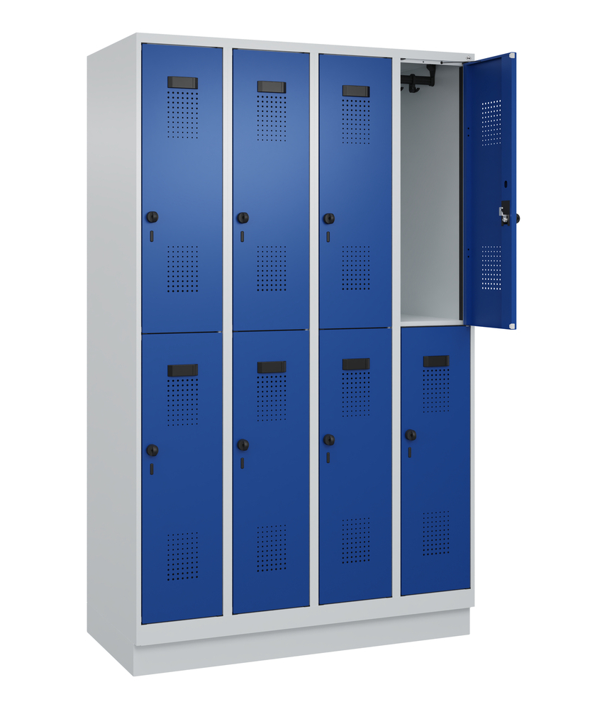 Double level locker Cabo-Plus with base, 4 compartments, W 600, D 500, H 1850 mm, grey/blue - 1