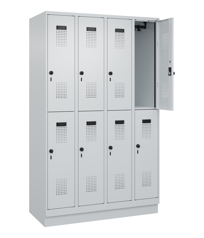 Double level locker Cabo-Plus with base, 4 compartments, W 600, D 500, H 1850 mm, grey/blue - 1