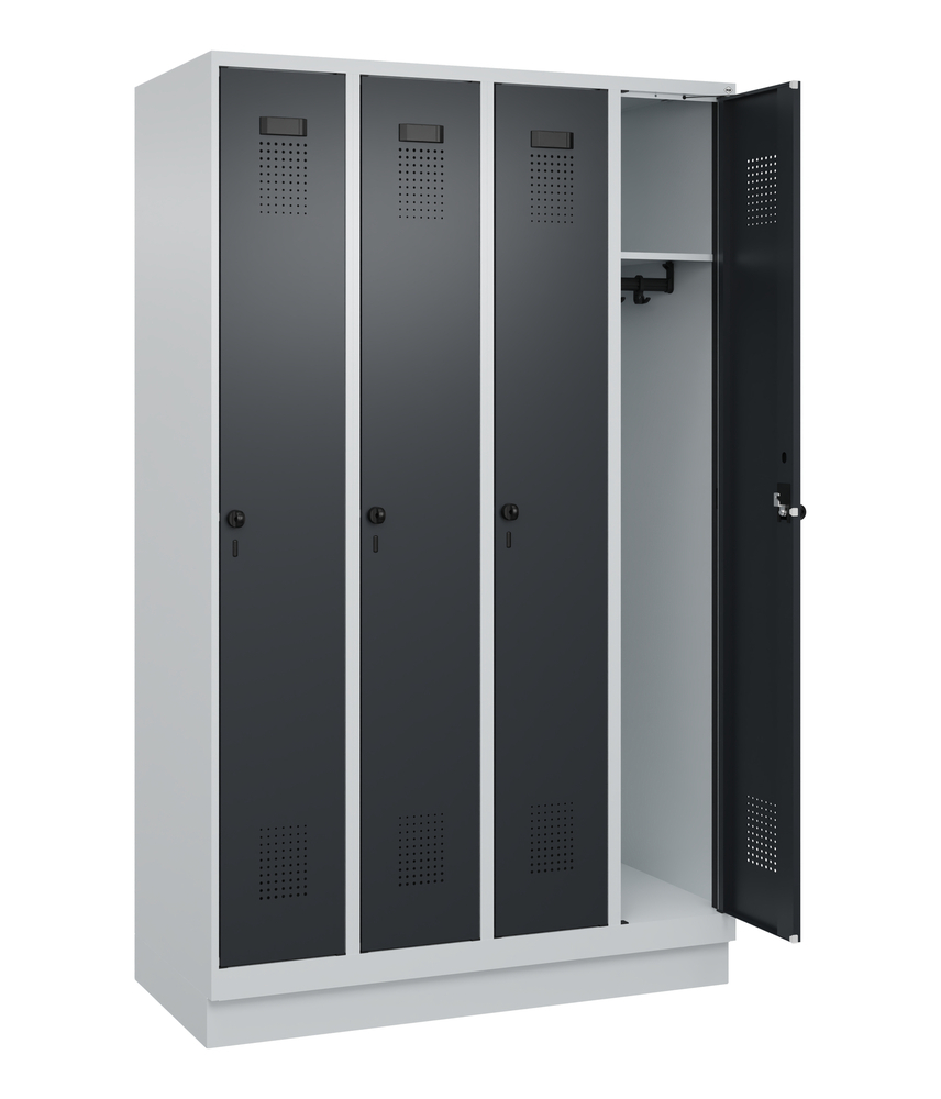 C+P Cabo-Plus clothes locker, 4 compartments, 1200 x 500 x 1950 mm, grey/black-grey, with plinth - 1