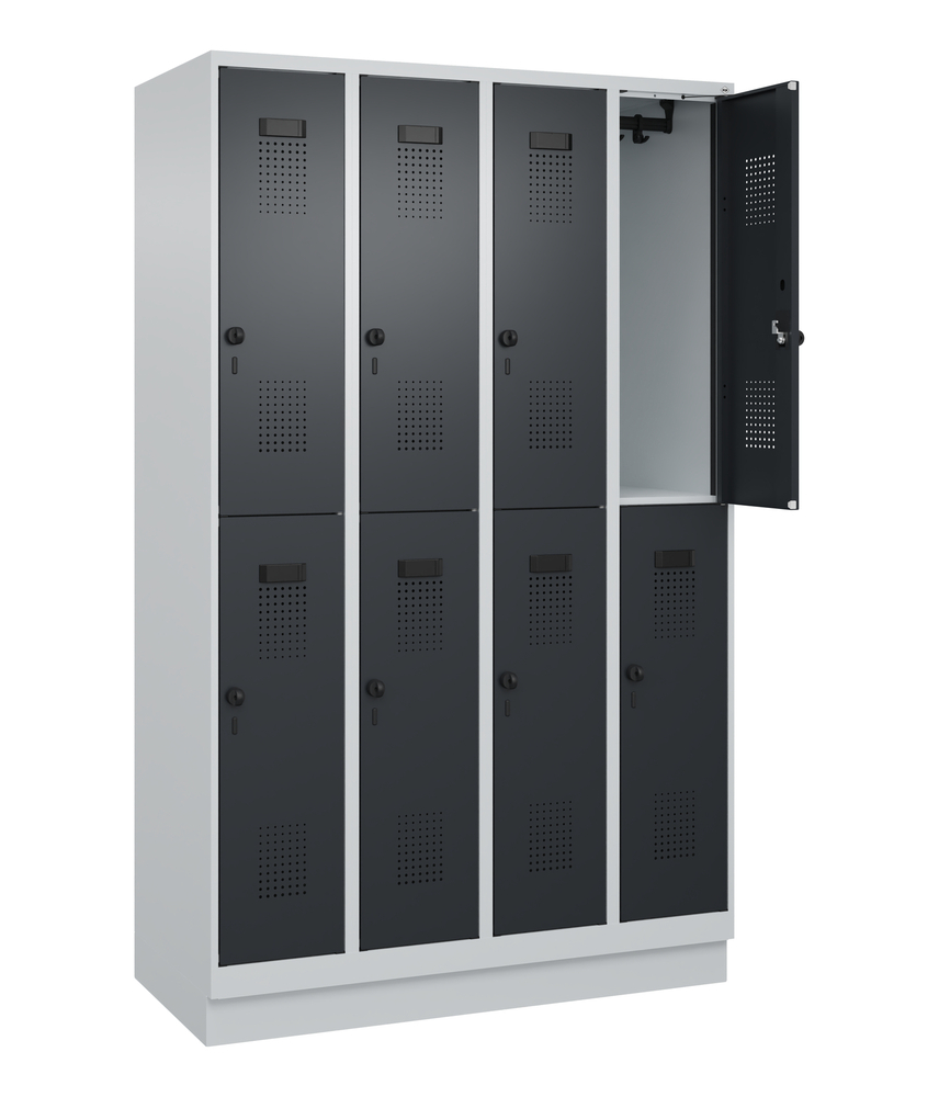 Double level locker Cabo-Plus with base, 6 compartments, W 900, D 500, H 1850 mm, grey/black grey - 1