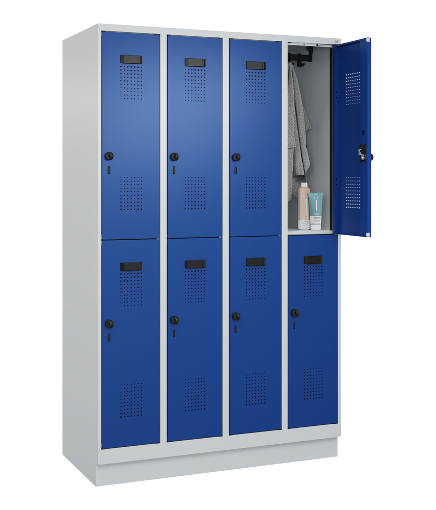 Double level locker Cabo-Plus with base, 4 compartments, W 600, D 500, H 1850 mm, grey/blue - 3