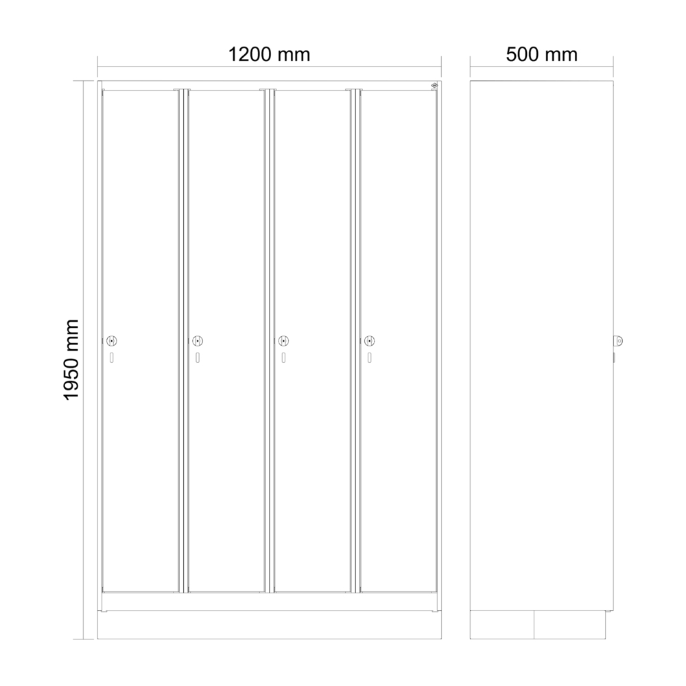 C+P Cabo-Plus clothes locker, 4 compartments, 1200 x 500 x 1950 mm, grey/black-grey, with plinth - 4