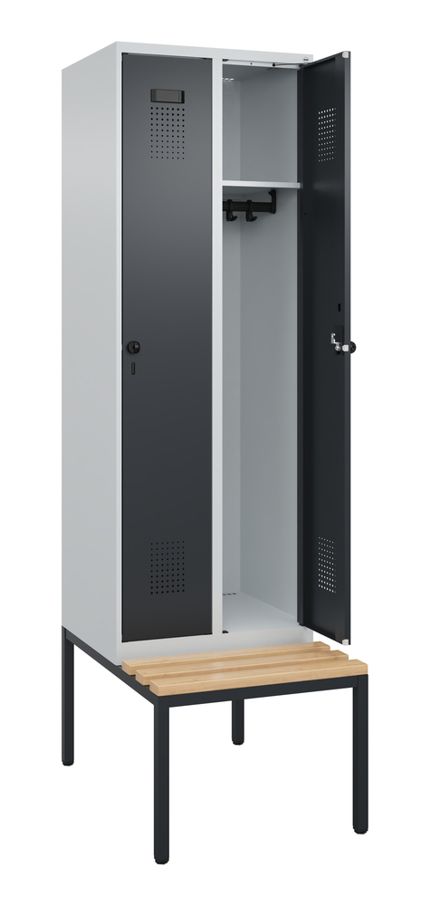 Locker Cabo-Plus with bench seat, 2 compartments, W 600, D 500/815, H 2090 mm, grey/black grey - 4