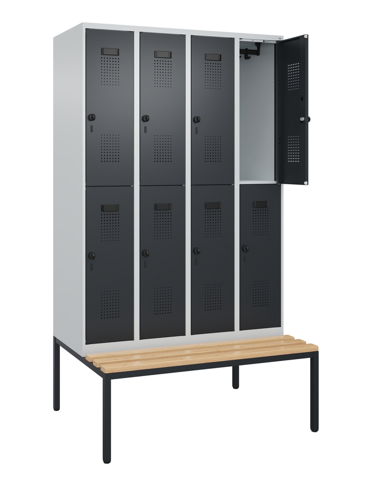 C+P Cabo-Plus double clothes locker, bench seat, 8 compartments, 1200 x 2120 mm, black-grey door - 3