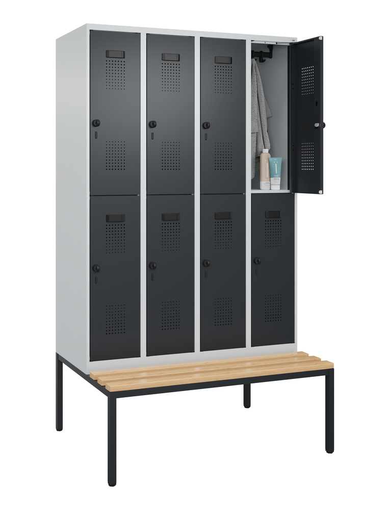 C+P Cabo-Plus double clothes locker, bench seat, 8 compartments, 1200 x 2120 mm, black-grey door - 4