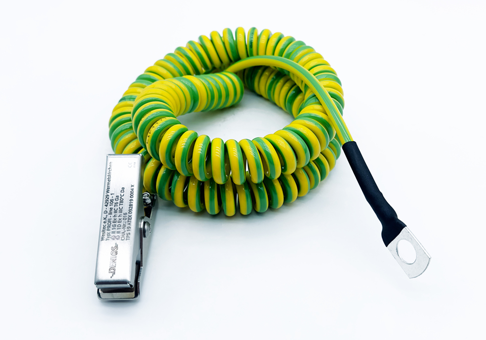 Kabel uziemiający DENIOS z żabką 60 mm i uchem M10, kabel 1 m, zielono-żółty, miedź, 2,5 mm², ATEX - 3