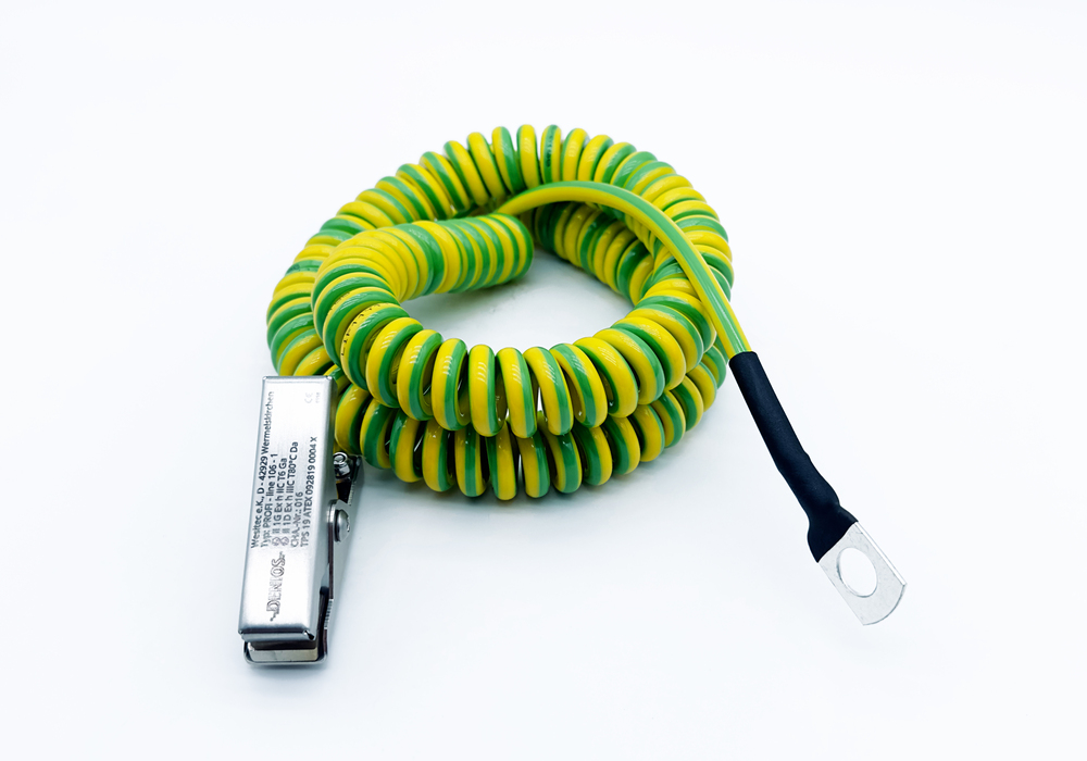 Kabel uziemiający DENIOS z żabką 60 mm i uchem M10, kabel 1 m, zielono-żółty, miedź, 2,5 mm², ATEX - 2