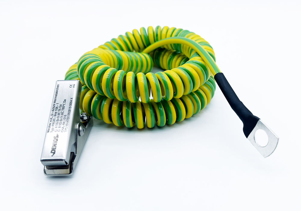 Kabel uziemiający DENIOS z żabką 60 mm i uchem M10, kabel 1 m, zielono-żółty, miedź, 2,5 mm², ATEX - 1