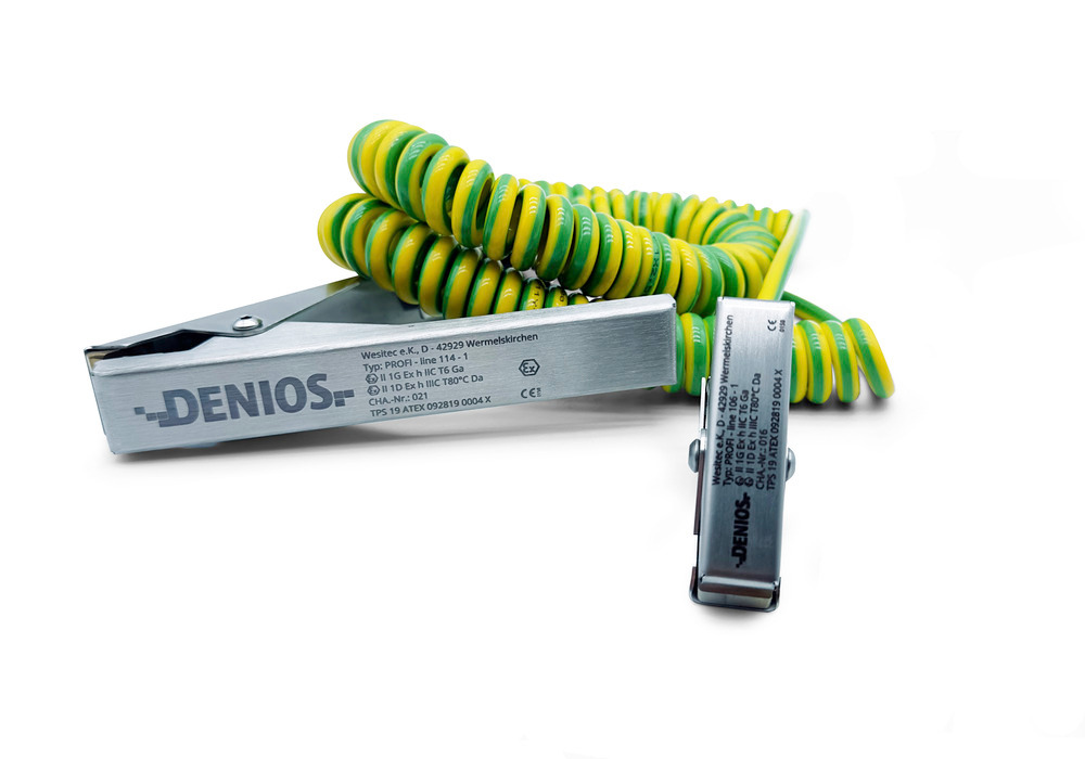 DENIOS Erdungskabel mit Erdungszangen 60 mm + 140 mm, 3 m Kabel, grün/gelb, Kupfer, 2,5 mm², ATEX - 4