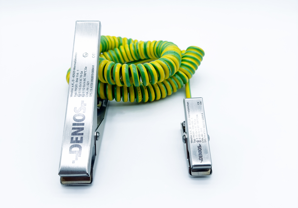 Spiral earthing cable with 2 stainless steel clamps 1x60/1x140 mm, 3 m extended length, ATEX - 1