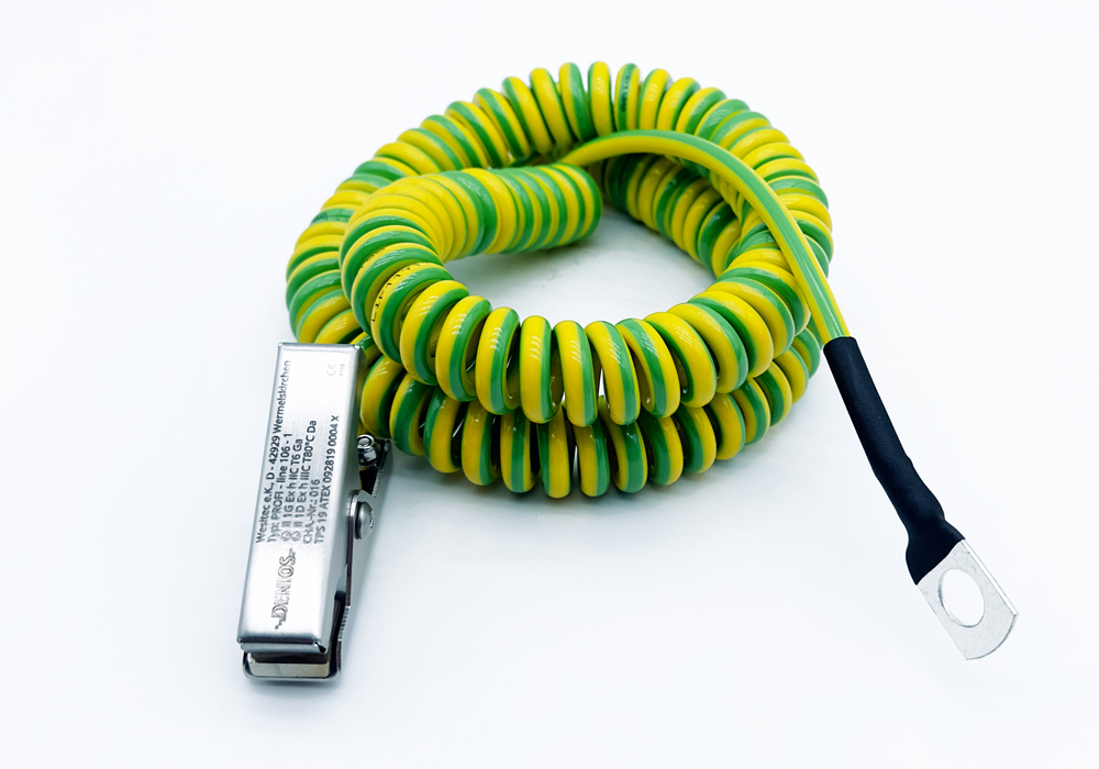 Cable de puesta a tierra en espiral Mini con 1 pinza de inox 60 mm y 1 anilla, longitud 3 m, ATEX - 4