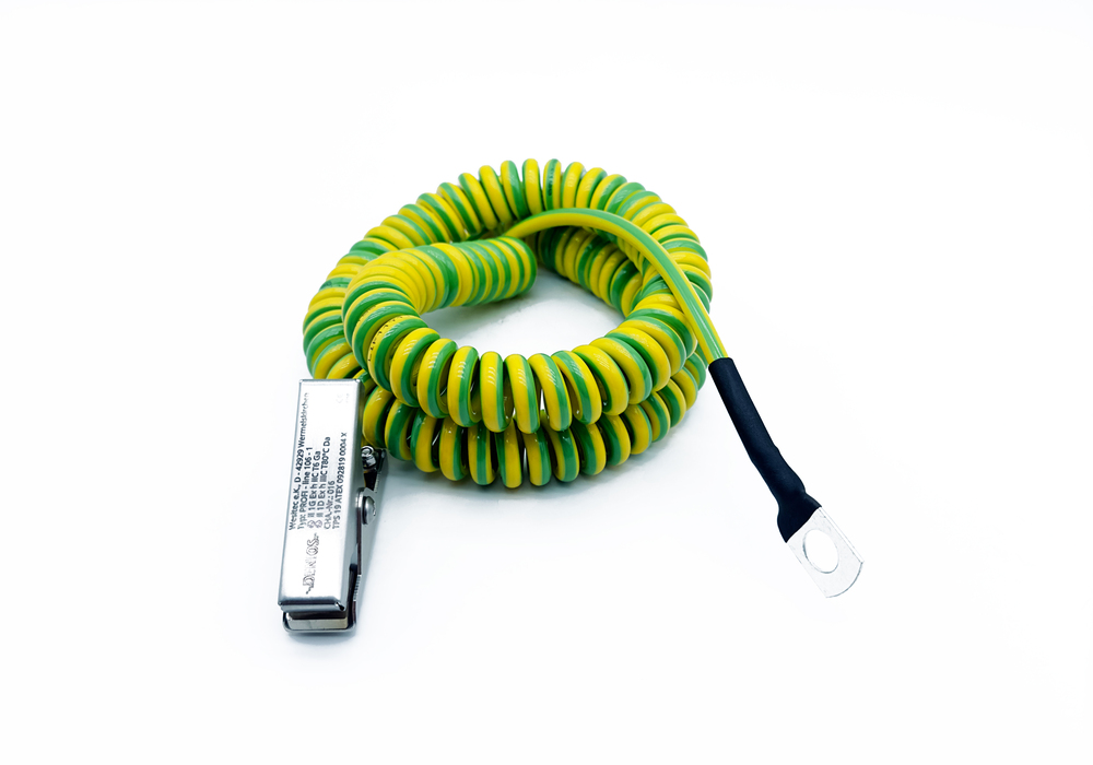 Mini spiral earthing cable with 1 stainless steel clamp 60 mm and 1 eye, 3 m extended length, ATEX - 3