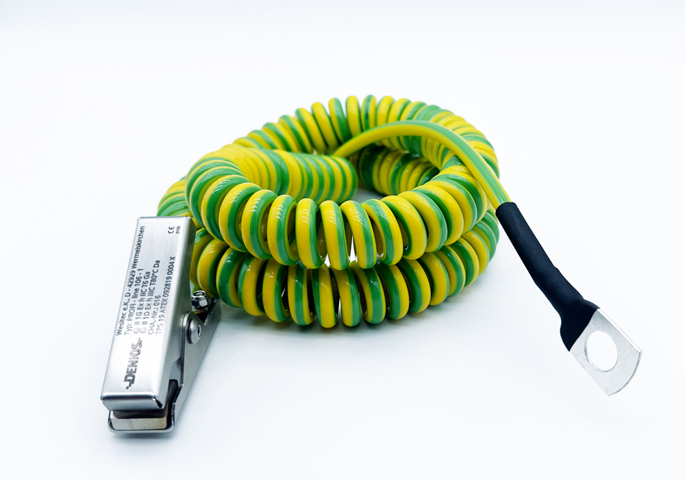 DENIOS Erdungskabel mit Erdungszange 60 mm und M10 Öse, 3 m Kabel, grün/gelb, Kupfer, 2,5 mm², ATEX - 1