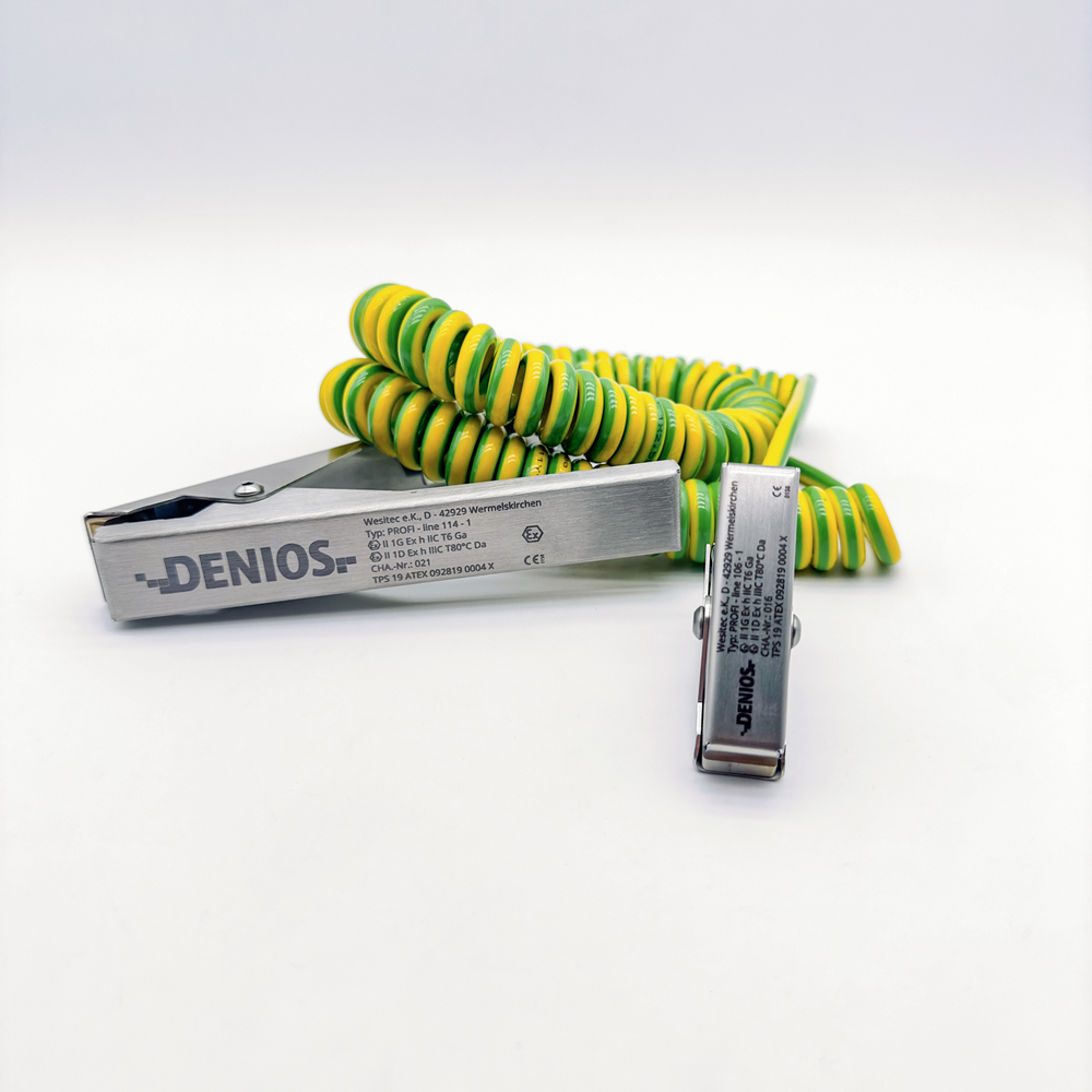 DENIOS earth cable with clamps 60mm+140mm, 1m cable, green/yellow, Copper, 2.5mm², ATEX - 2