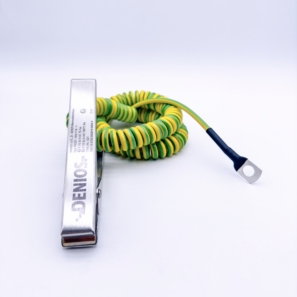 DENIOS earth cable with clamps 140mm and M10 eye, 5m cable, green/yellow, copper, 4mm², ATEX - 1