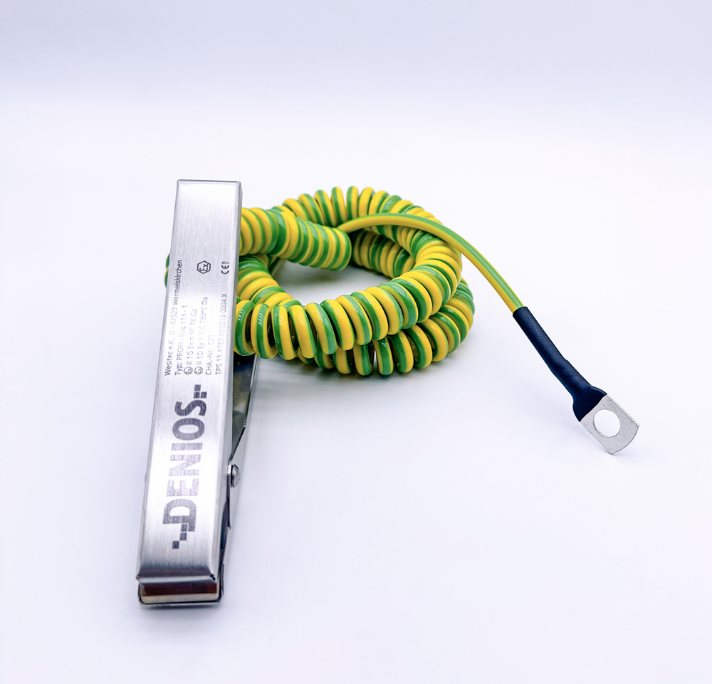 Kabel uziemiający DENIOS z żabką 140 mm i uchem M10, kabel 5 m, zielono-żółty, miedź, 4 mm², ATEX - 2