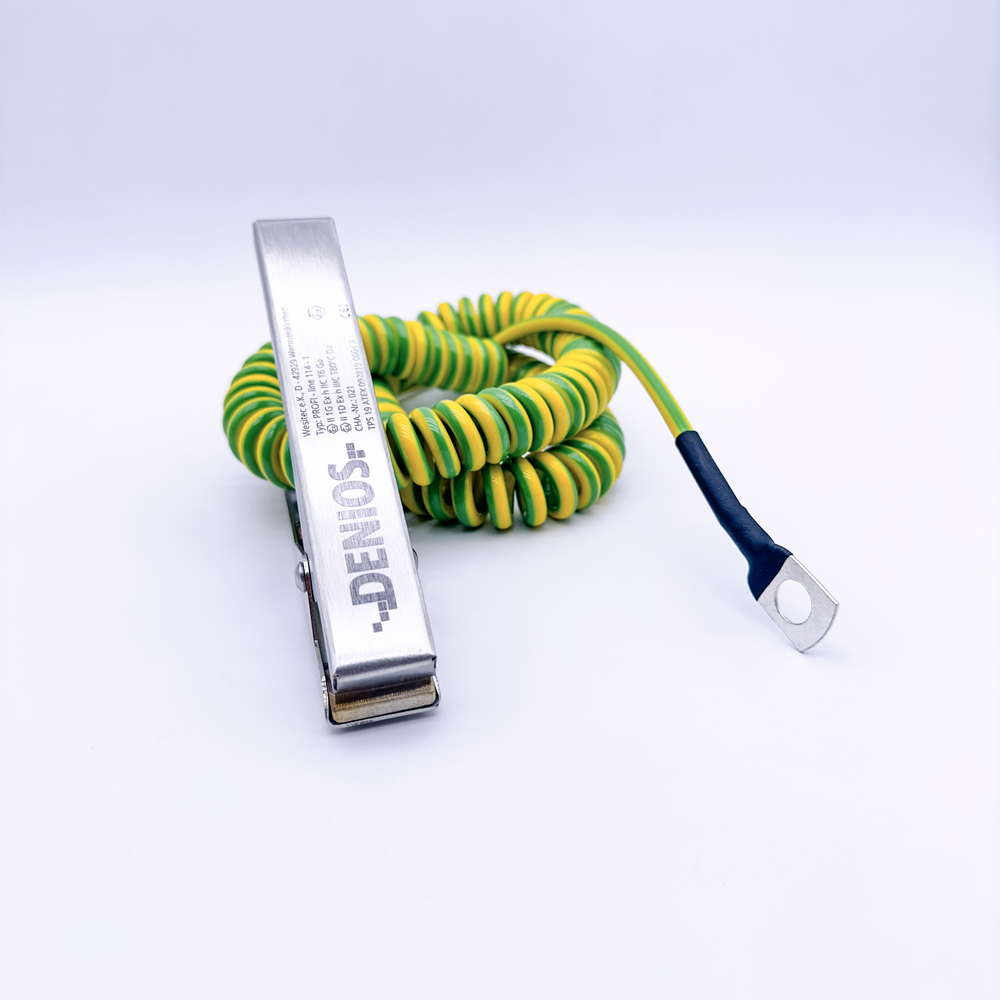 Kabel uziemiający DENIOS z żabką 140 mm i uchem M10, kabel 5 m, zielono-żółty, miedź, 4 mm², ATEX - 3