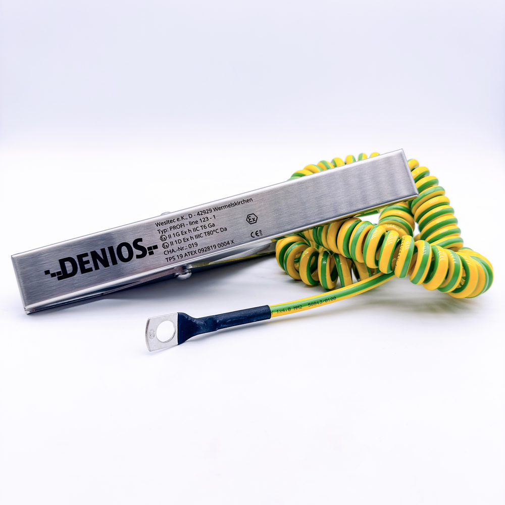 DENIOS earth cable with clamps 230mm and M10 eye, 5m cable, green/yellow, copper, 4mm², ATEX - 1