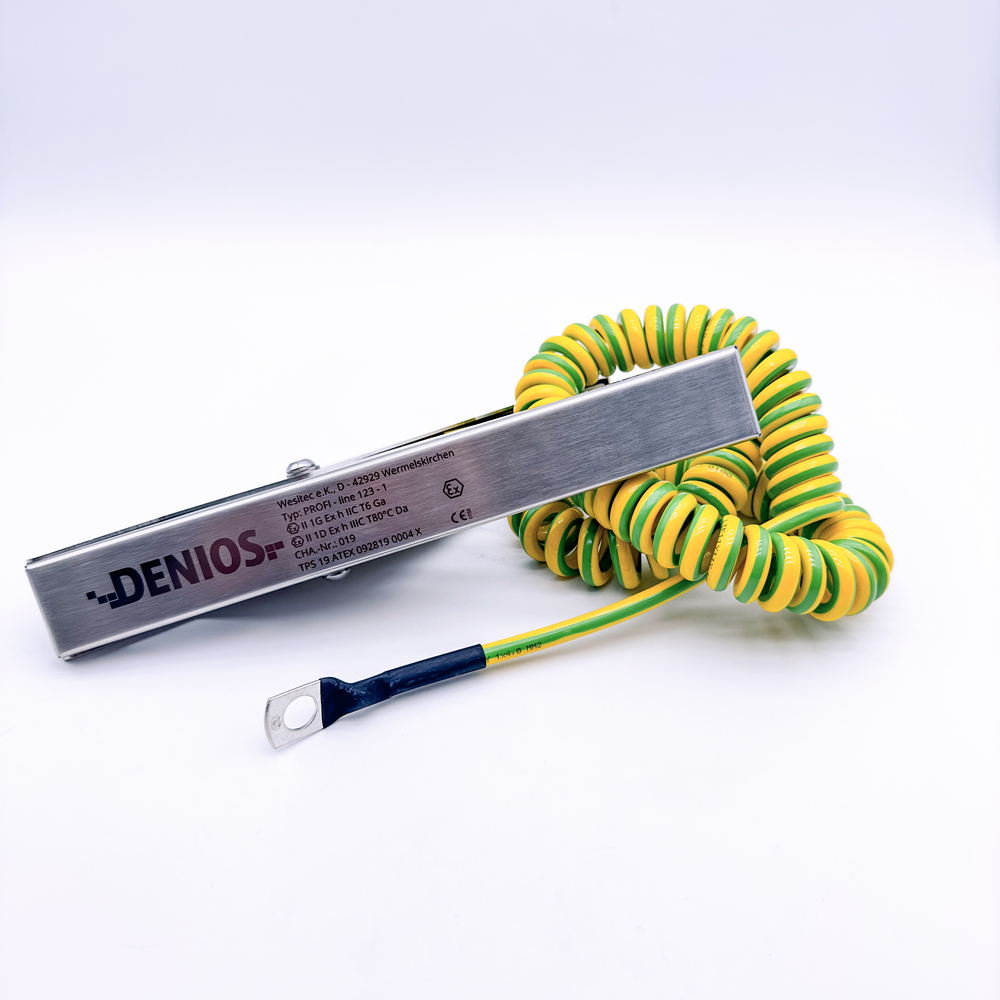 DENIOS earth cable with clamps 230mm and M10 eye, 5m cable, green/yellow, copper, 4mm², ATEX - 2