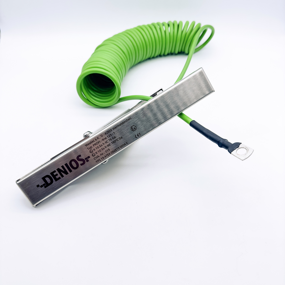 DENIOS earth cable with clamps 230mm and M10 eye, 10m cable, green, steel 4mm², ATEX - 1