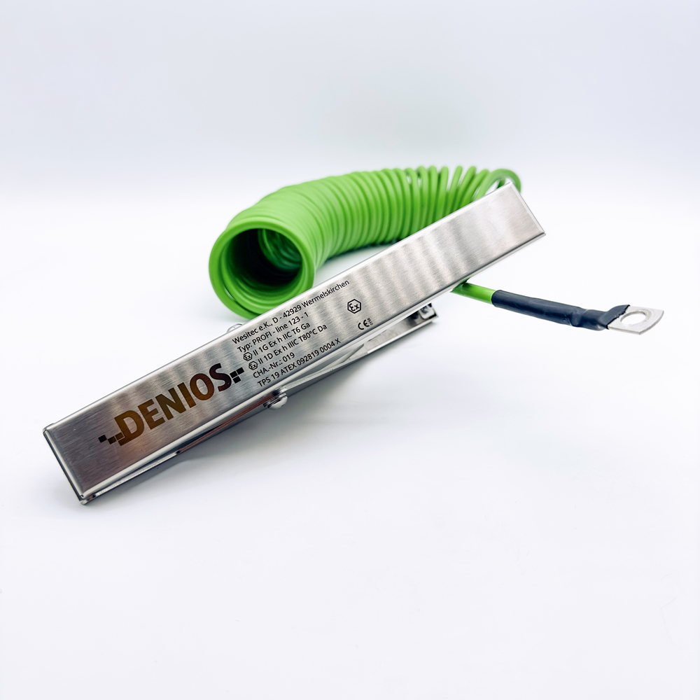 DENIOS earth cable with clamps 230mm and M10 eye, 10m cable, green, steel 4mm², ATEX - 2