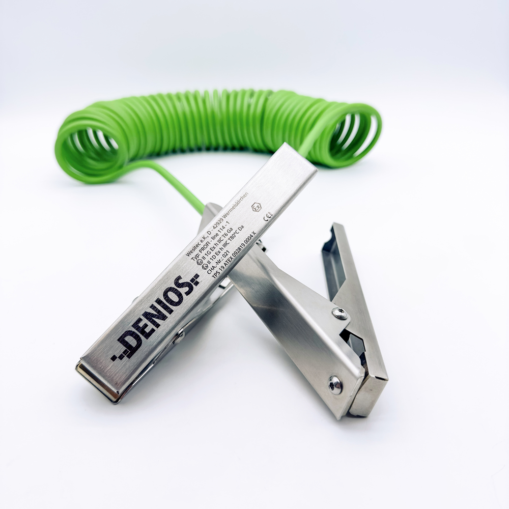 DENIOS earthing cable with earthing clamps 140 mm + 140 mm, 5 m cable, green, steel, 4 mm², ATEX - 1