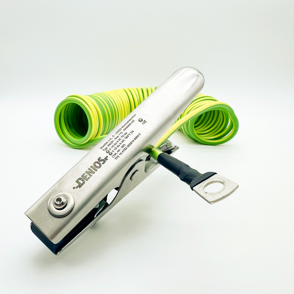 Cavo terra DENIOS + pinza m. terra K150mm e occhiello M10,cavo 3m.,verde/giallo,acciaio,4mm²,ATEX - 1