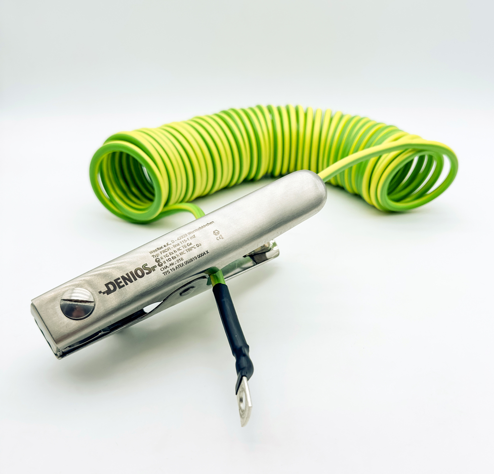 DENIOS earth cable with clamps 150mm and M10 eye, 3m cable, green/yellow, steel, 4mm², ATEX - 1