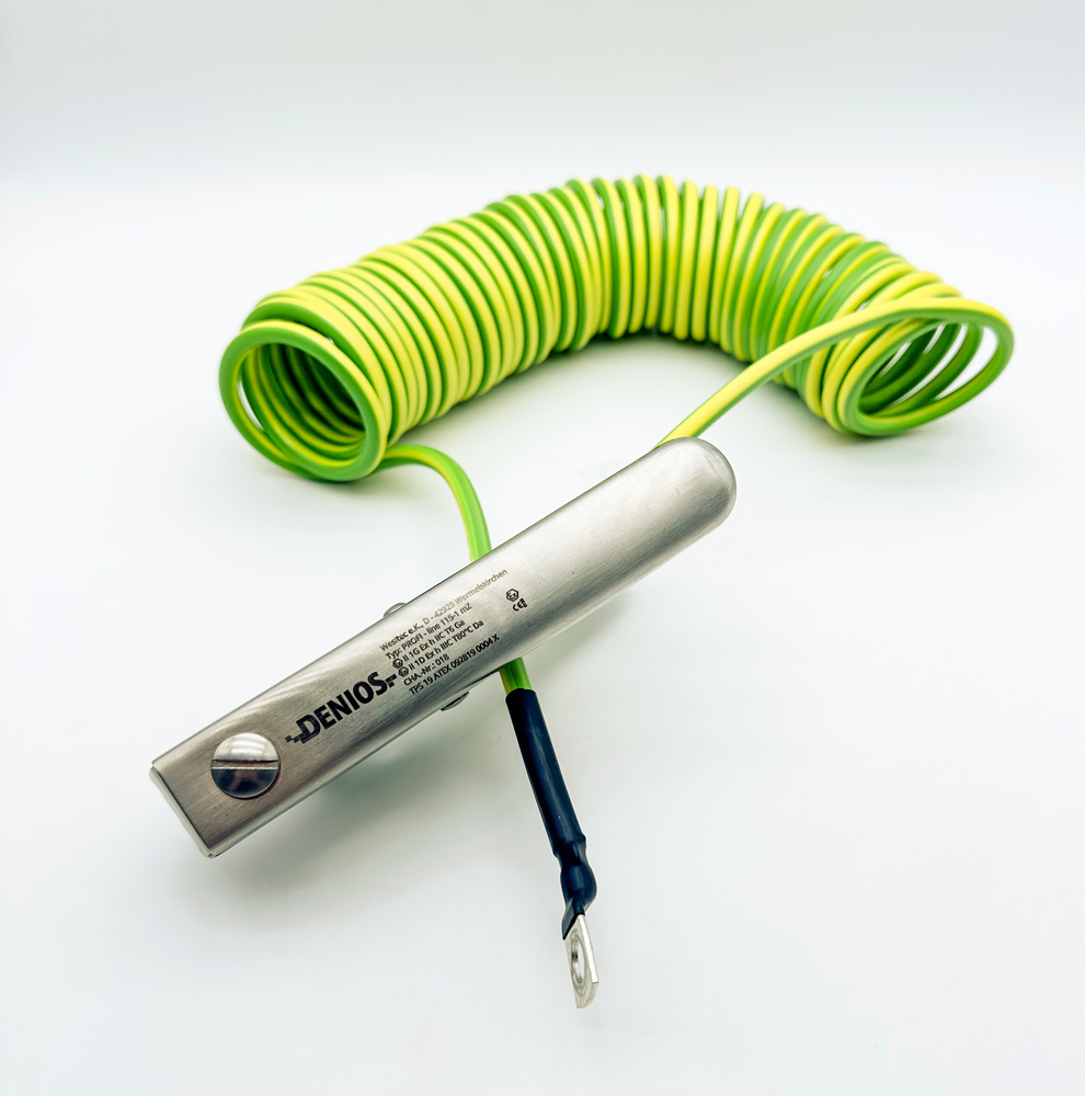 DENIOS earth cable with clamps 150mm and M10 eye, 3m cable, green/yellow, steel, 4mm², ATEX - 2