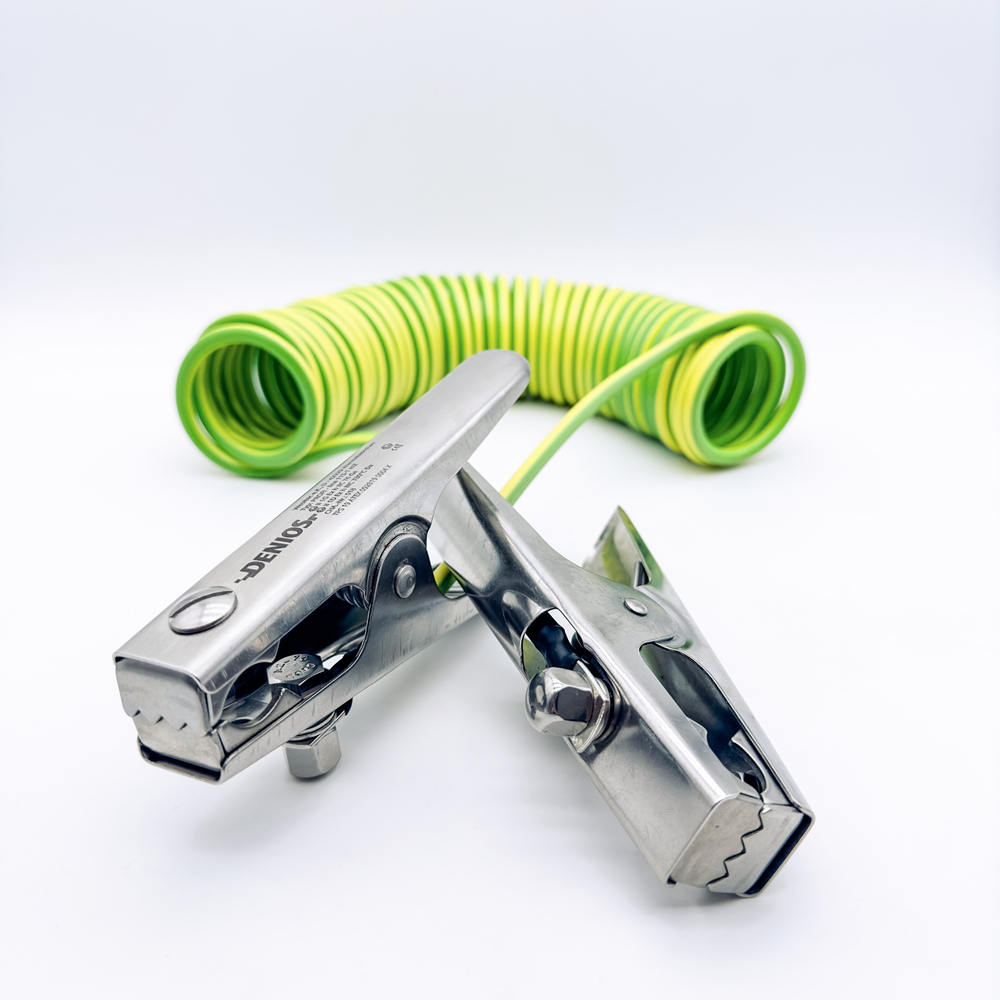 DENIOS earth cable with earth clamps 150 mm + 150 mm, 3 m cable, green/yellow, steel, 4 mm², ATEX - 1