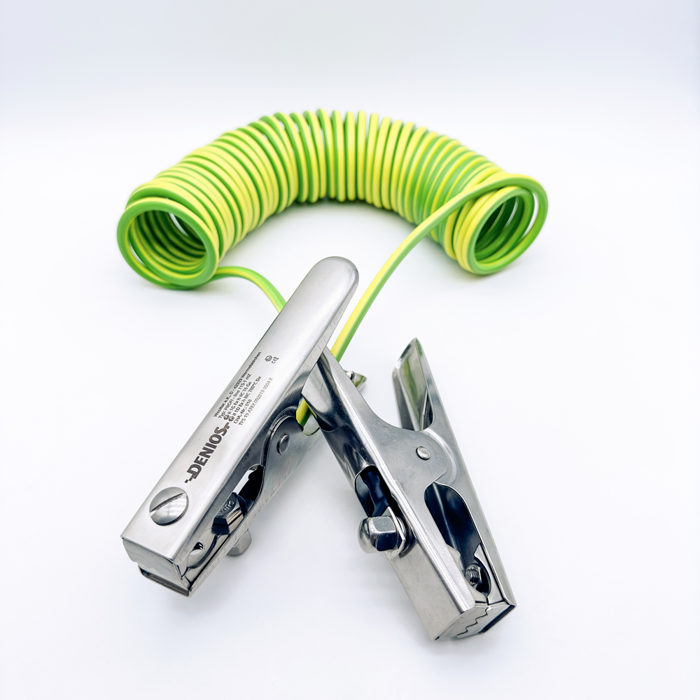 DENIOS earth cable with earth clamps 150 mm + 150 mm, 3 m cable, green/yellow, steel, 4 mm², ATEX - 2