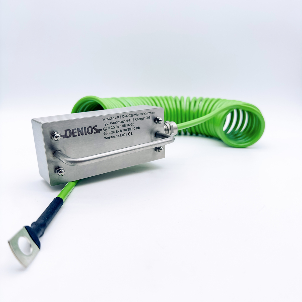 Cable de puesta a tierra DENIOS con imán de mano y ojal M10, cable de 5 m, verde, acero, 4 mm², ATEX - 3