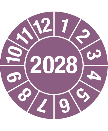 Prüfplakette "2028", violett, Folie, selbstklebend, 30 mm, VE = 5 Bogen à 15 Stück - 1