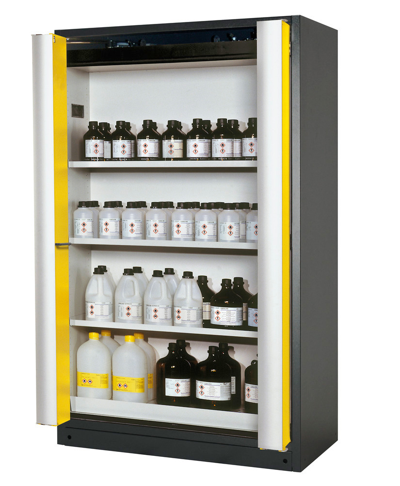 Protipožární skříň na nebezpečné látky Select,se skládacími dveřmi,W 123,žluté dveře,3 vložné police - 1
