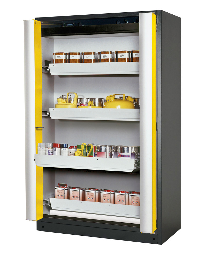 asecos fire-rated hazmat cabinet Select W-124F, 4 slide-out spill trays, folding doors yellow - 1