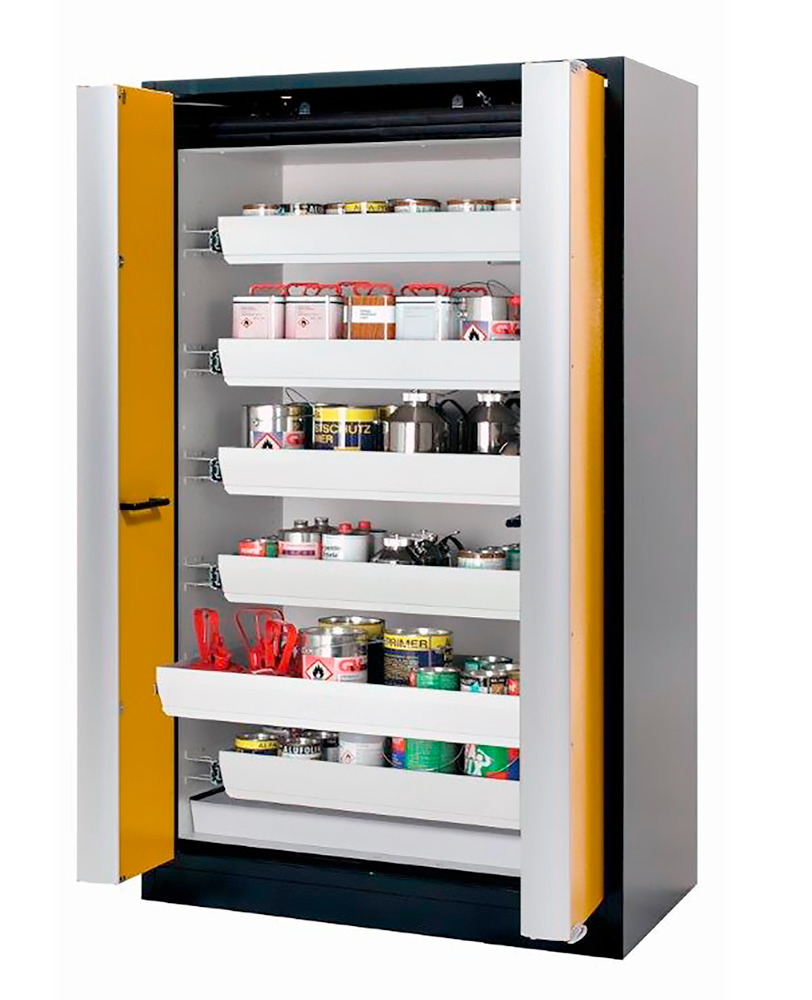 asecos fire-rated hazmat cabinet Select W-126F, 6 slide-out spill trays, folding doors yellow - 1