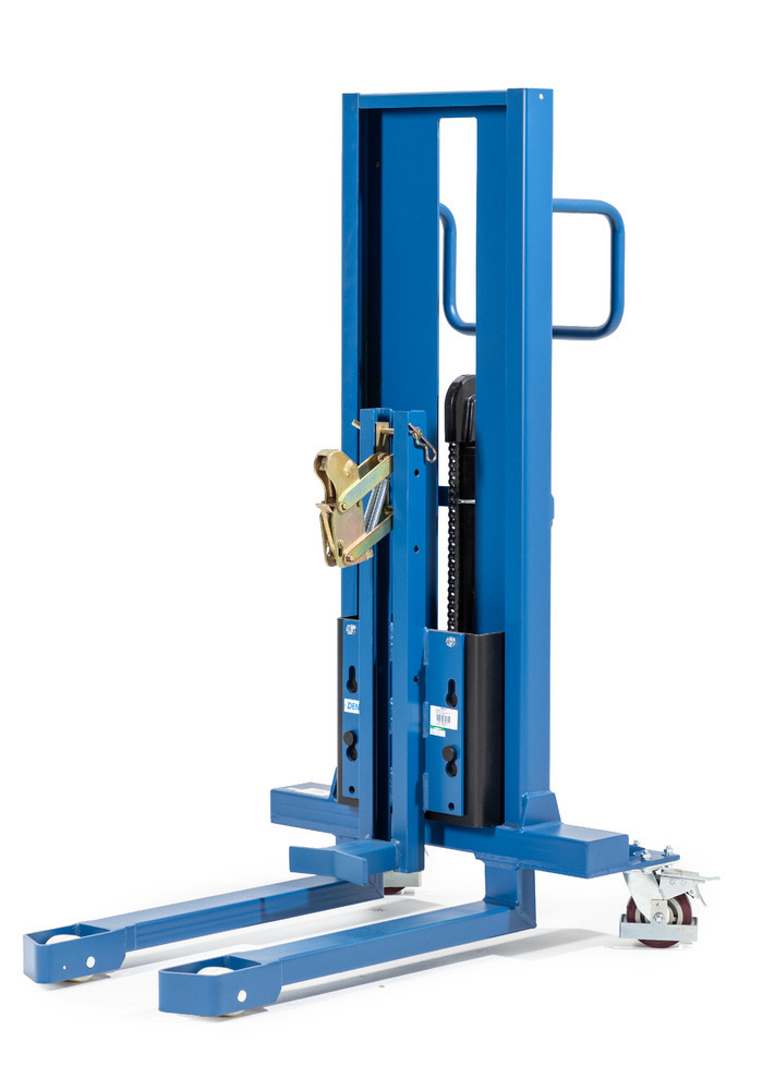 Elevador de bidones de acero de 60 a 200 l, agarrador, chasis estrecho, elevación 120-740 mm: Servo - 1
