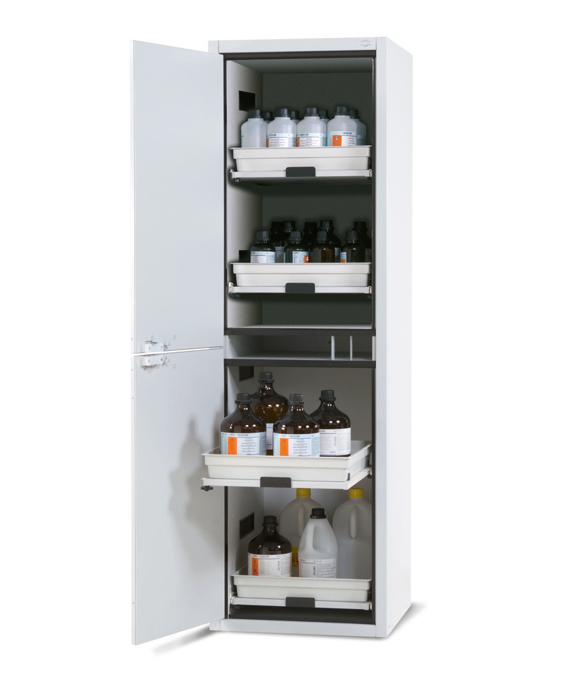 asecos acid and alkali cabinet SL 604 with door hinged left and 4 slide-out spill trays