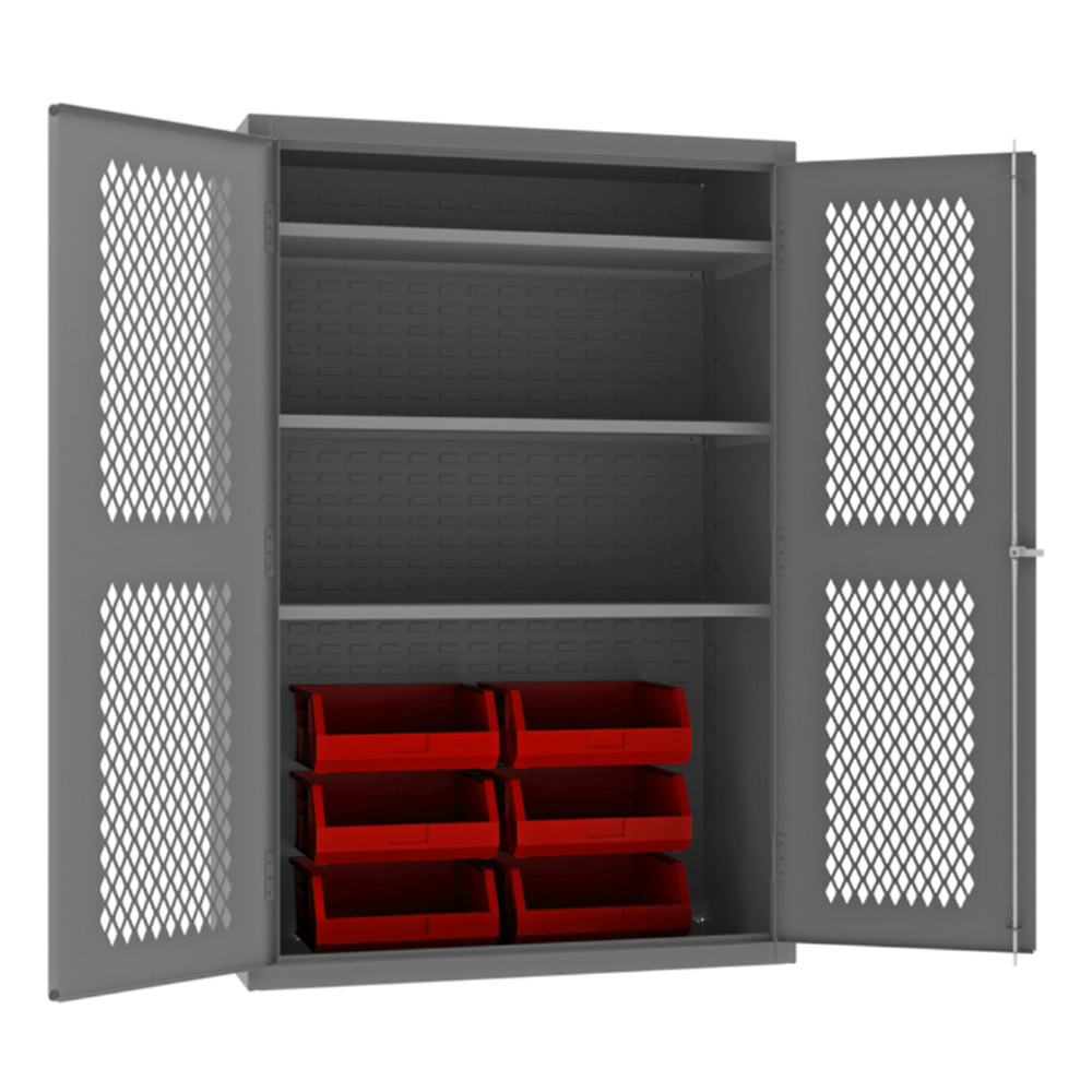 Ventilated Cabinet, 14 Gauge, 3 Shelves, 6 Red Bins, 48 x 24 x 72 - 1