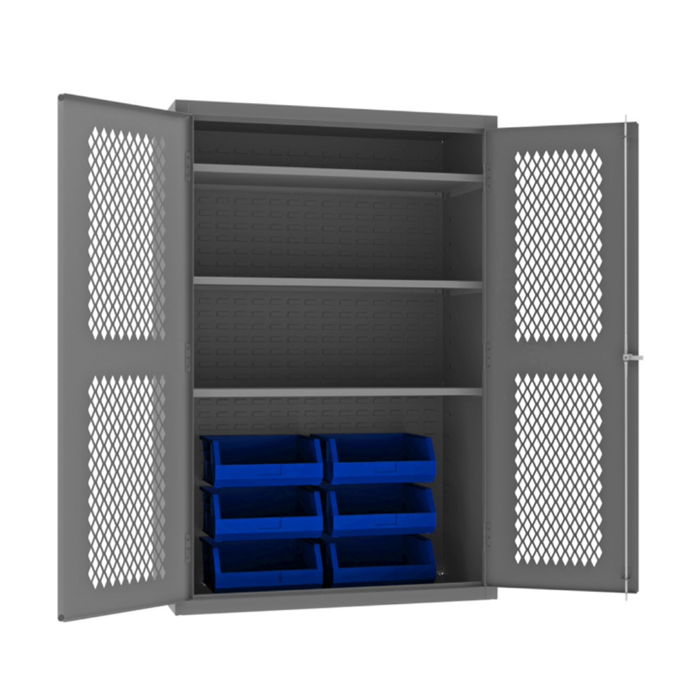 Ventilated Cabinet, 14 Gauge, 3 Shelves, 6 Blue Bins, 48 x 24 x 72 - 1