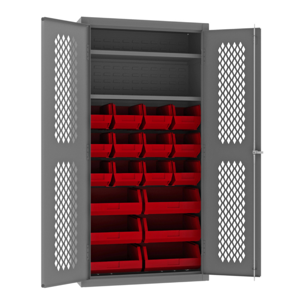 Ventilated Cabinet, 14 Gauge, 2 Shelves, 18 Red Bins, 36 x 18 x 72 - 1