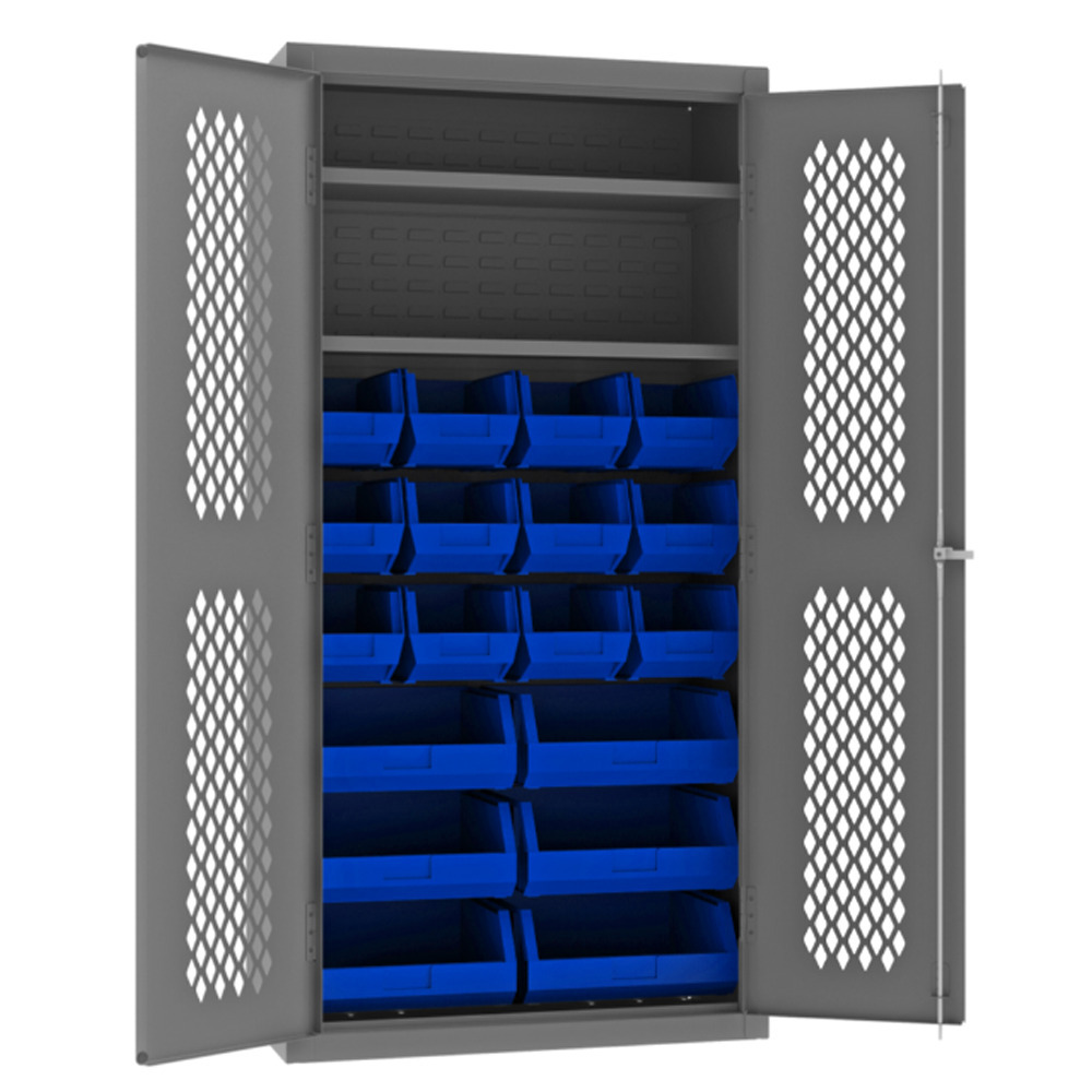 Ventilated Cabinet, 14 Gauge, 2 Shelves, 18 Blue Bins, 36 x 18 x 72 - 1