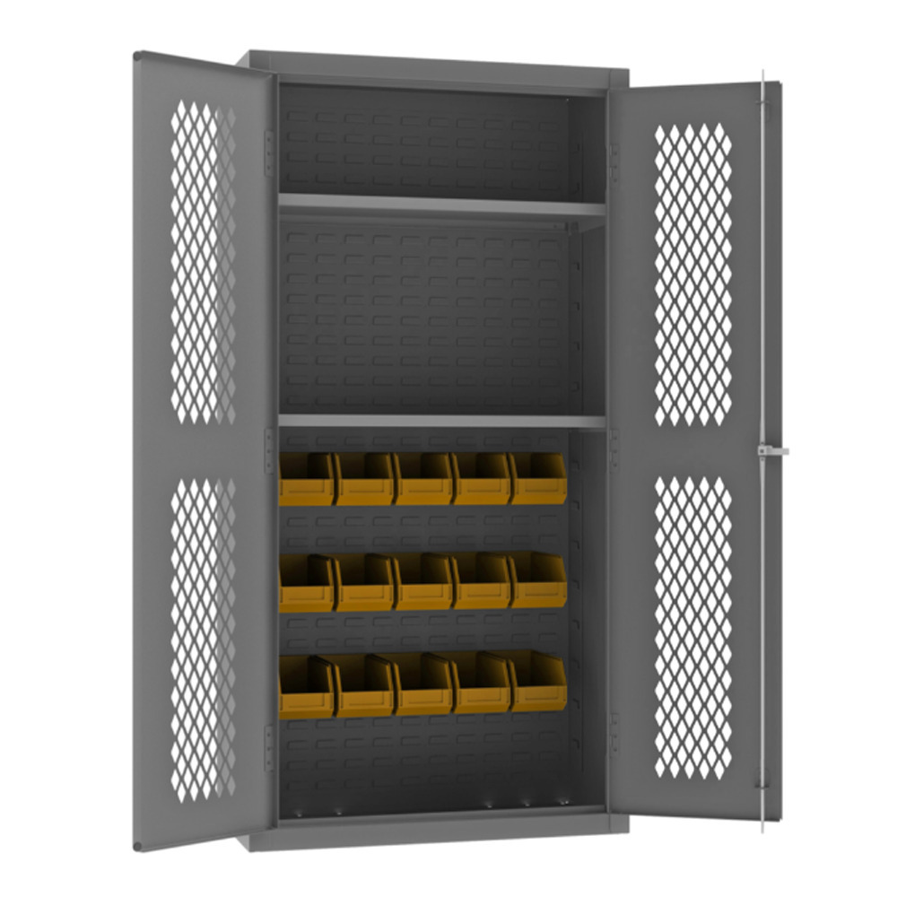 Ventilated Cabinet, 14 Gauge, 2 Shelves, 15 Yellow Bins, 36 x 18 x 72 - 1