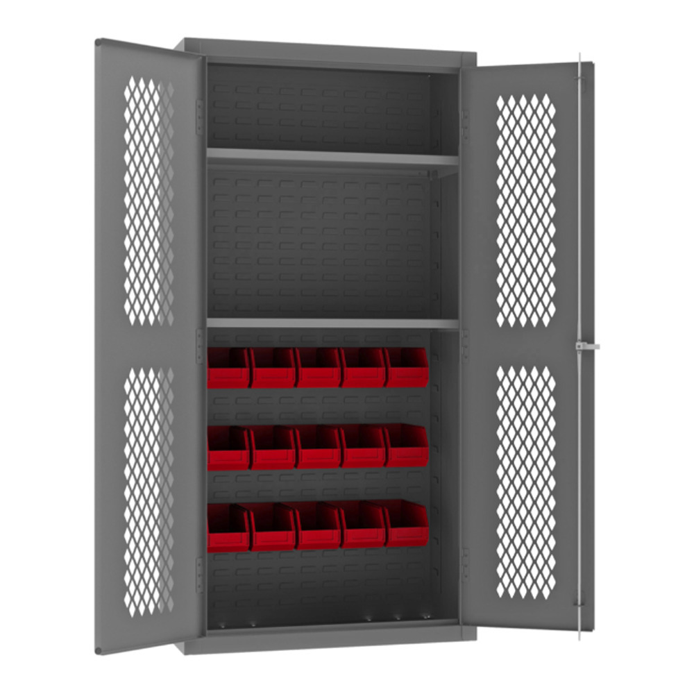 Ventilated Cabinet, 14 Gauge, 2 Shelves, 15 Red Bins, 36 x 18 x 72 - 1